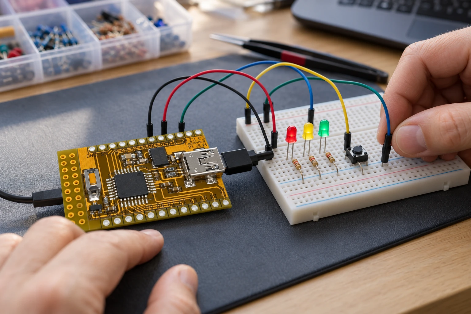 Golduino AVR development board wired to a solderless breadboard with LEDs, resistors, and jumper wires on an electronics workbench