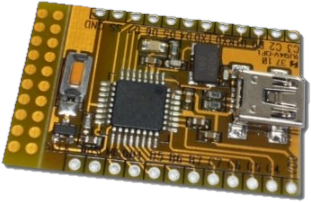 Golduino AT90USB162 AVR development board with USB connector and GPIO pin rows